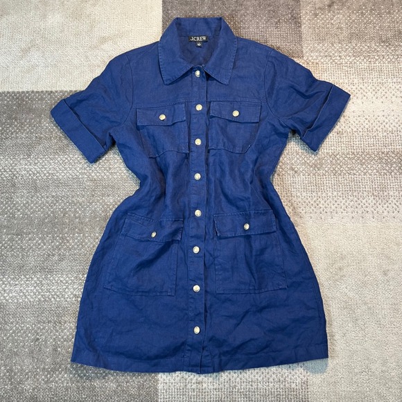 J.Crew Dresses & Skirts - J.Crew Womens Blue 100% Linen Safari Utility Pocket Dress Size 8 Short Sleeve